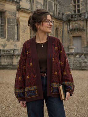 Vtg 1990s Past Times Gothic Revival medieval heraldic jacquard Cardigan Sweater